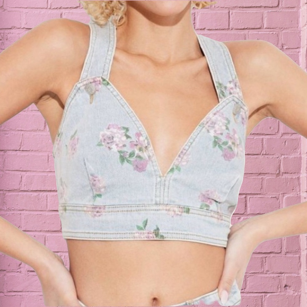 5/$25 Denim Floral Crop Top NWT